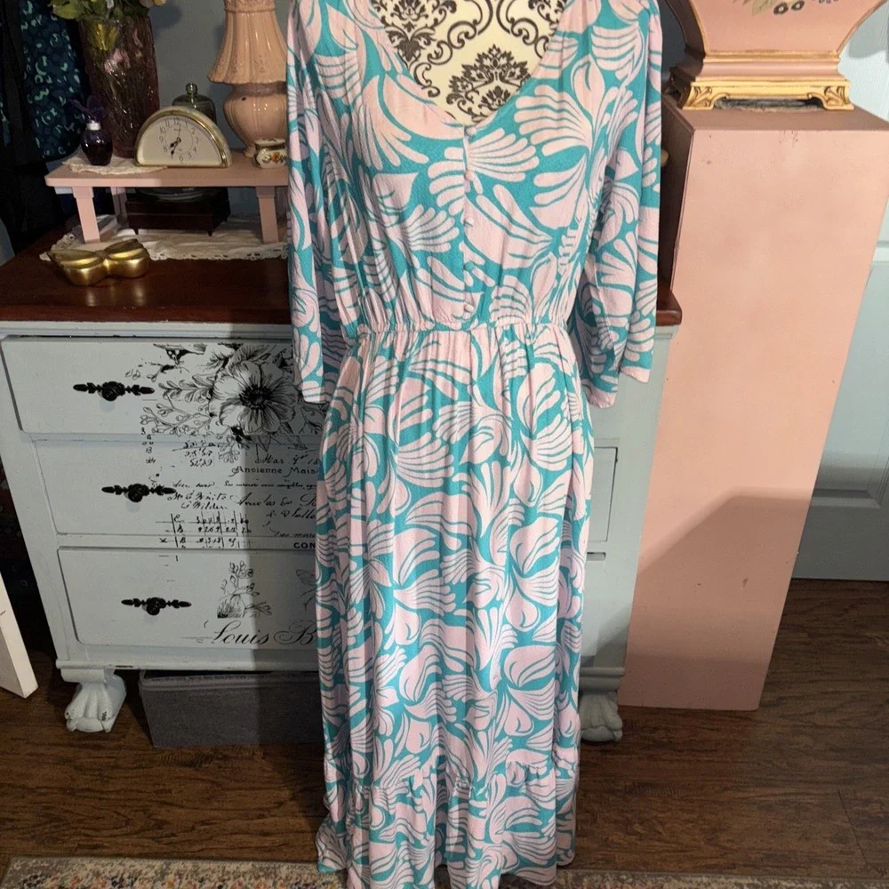 Mary Square Butterfly Sleeve Maxi Dress In Lilac And Teal Sz Medium. Boho.